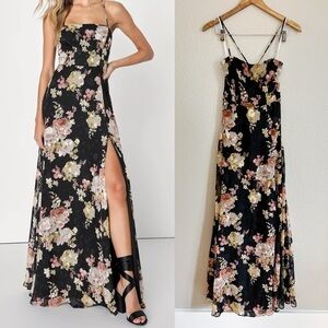 Favorable Charm Black Floral Jacquard Lace-Up Maxi Dress!